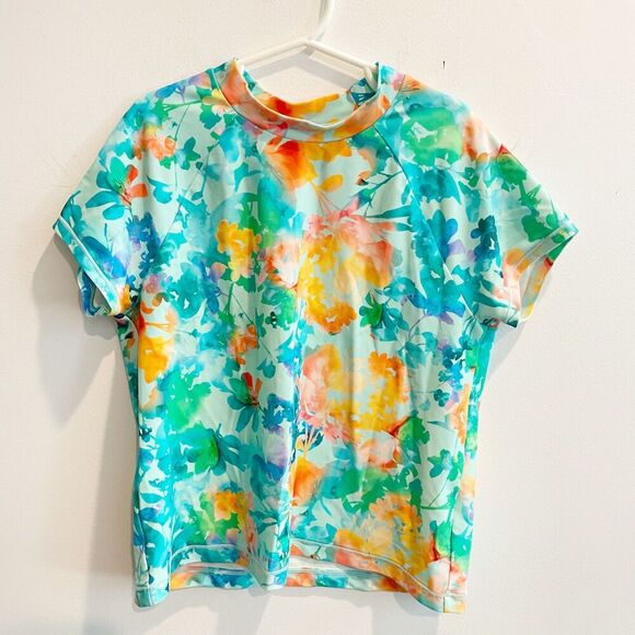 Athleta Girl Mock Neck Rashguard Top Anti-UV Floral Swim Suit L 12 Bathing Surf - Picture 2 of 11